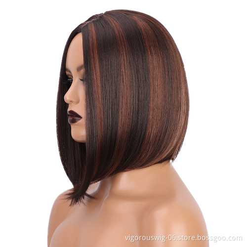 Highlights brown straight short high quality wholesale price black women synthetic hair fiber wigs with none lace